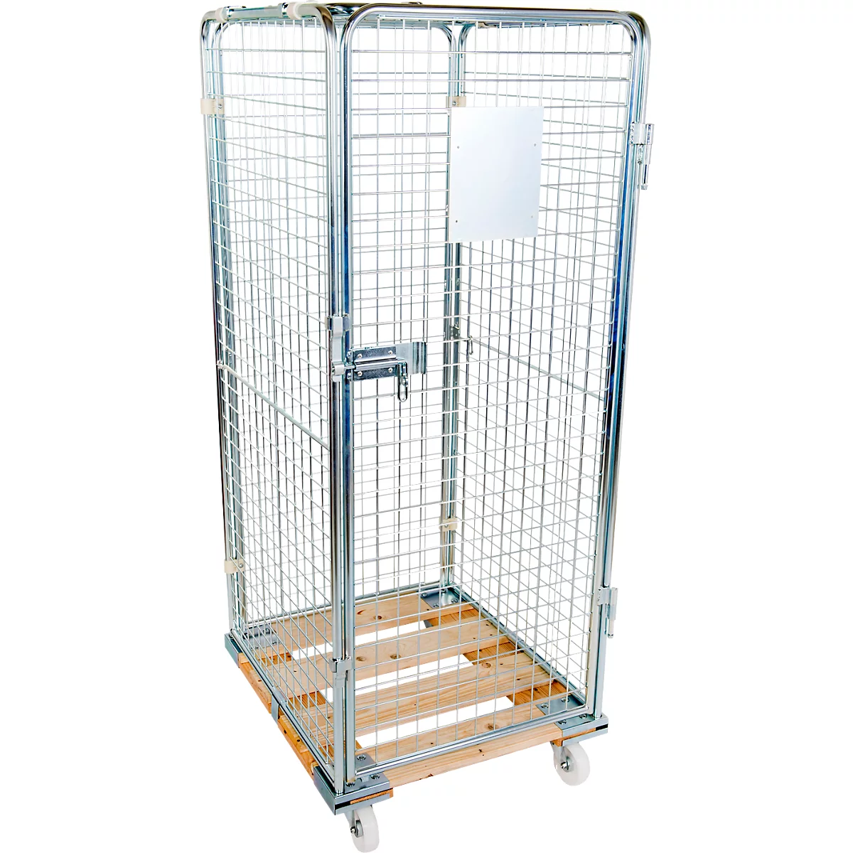 Metal mesh cart with wooden pallet and wheels. Empty white board. Mesh door with latch.